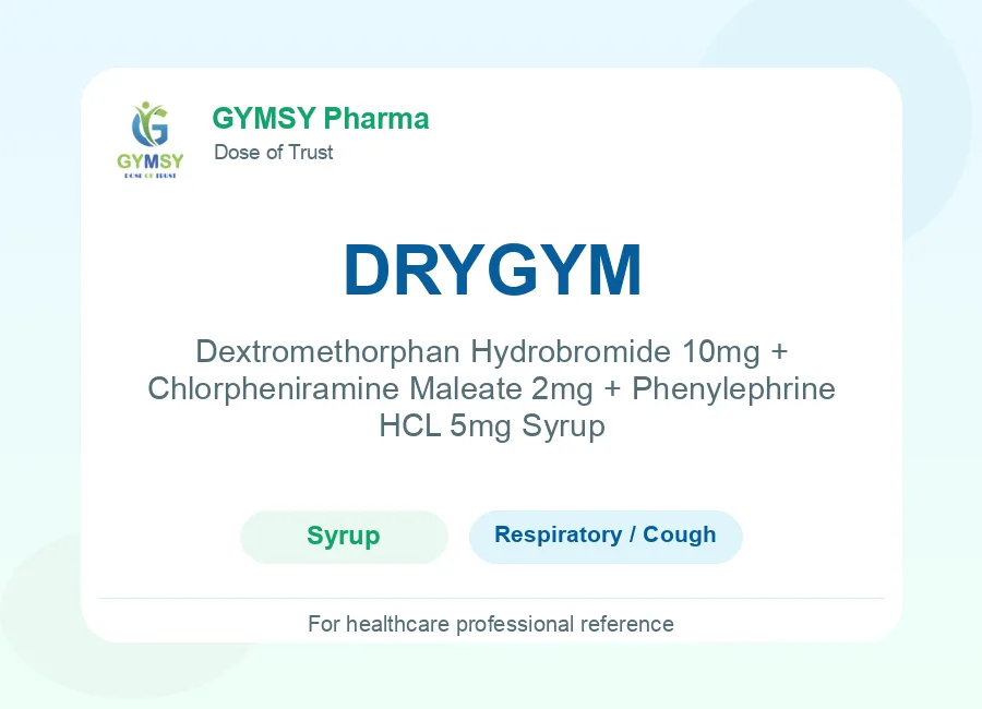 DRYGYM Dextromethorphan Hydrobromide 10mg + Chlorpheniramine Maleate 2mg + Phenylephrine HCL 5mg Syrup by GYMSY Pharma