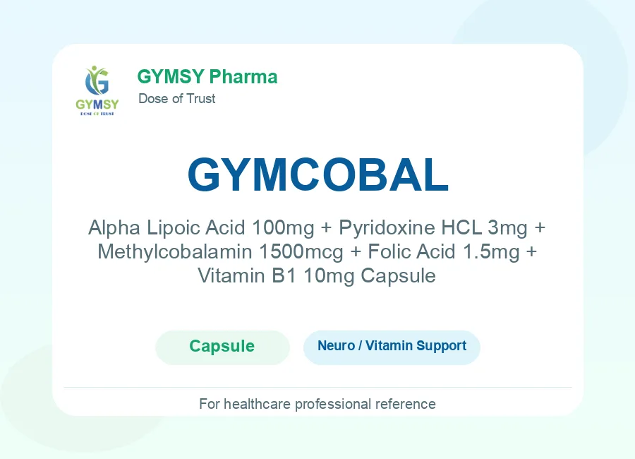 GYMCOBAL Alpha Lipoic Acid 100mg + Pyridoxine HCL 3mg + Methylcobalamin 1500mcg + Folic Acid 1.5mg + Vitamin B1 10mg Capsule by GYMSY Pharma